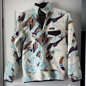 Patagonia Cream Fleece Pullover with Teal and Brown Pattern